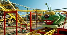 a large green insect sitting on top of a roller coaster