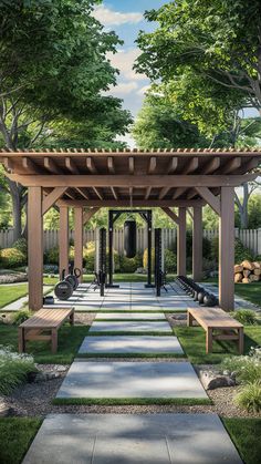 a wooden gazebo with benches in the middle of it, surrounded by grass and trees