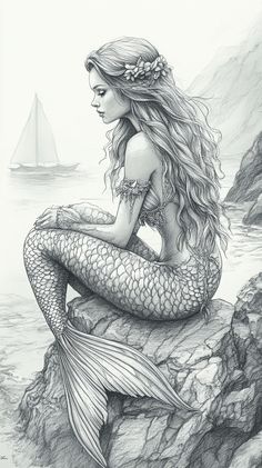 a pencil drawing of a mermaid sitting on top of a rock next to the ocean