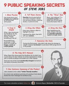 an info sheet describing the 9 public speaking secrets for steve jobs and how to use them