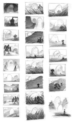 the storyboard shows different stages of creating an animated scene with people walking and riding horses