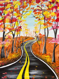 an acrylic painting of a road in the fall with trees and leaves on both sides