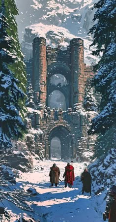 some people are walking in the snow towards a castle