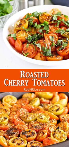 roasted cherry tomatoes with basil and parsley in a white bowl next to a platter of grilled tomatoes