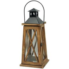 an old fashioned wooden lantern with a metal top and glass front door, isolated against a white background