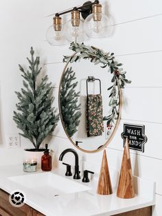 Shiplap wall 
Shiplap accent wall
Farmhouse bathroom
Bathroom ideas
Wood vanity
Stained vanity
Bathroom decor Christmas Bathroom Decor Farmhouse, Cute Christmas Bathroom Decor, Christmas Home Decor Neutral, Cute Christmas Decor For Apartments, Boho Christmas Bathroom Decor, Christmas Decor Ideas For Living Room Farmhouse, Cold Christmas Decor, Neutral Christmas Bathroom Decor, Bathroom Ideas For Christmas