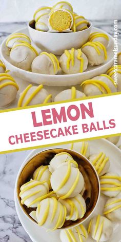 lemon cheesecake balls in a white bowl on a marble counter top with the title overlay