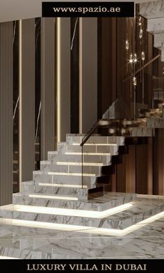 an advertisement for luxury villa in dubai with marble stairs and chandeliers on the walls