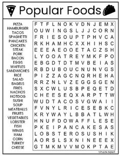 the word search for popular foods is shown in black and white, with an image of a