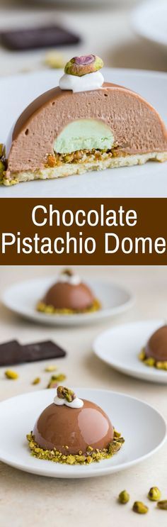 chocolate pistachio dome on white plates with text overlay