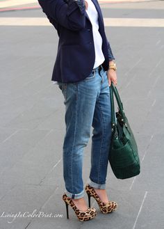 boyfriend jeans + navy blazer + leopard shoes - this works with a tan, cream, red, eggplant or even khaki pant for the office. Hunter Green Blouse Outfits, Hunter Green Bag Outfit, Green Blouse Leopard Shoes, Hunter Green Cardigan Outfit, Jeans With Leopard Shoes, Black Jeans Leopard Shoes Outfit, Leopard Shoes Outfit, Boyfriend Jean, Leopard Shoes