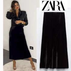 Nwt Zara Velvet Midi Skirt Black Zara Pencil Skirt For Winter, Chic Zara Maxi Skirt For Fall, Long Black Velvet Skirt Outfit, Black Velvet Skirt Outfit, Velvet Skirt Outfit, Black Midi Skirt Outfit, Velvet Midi Skirt, Black Velvet Skirt, Midi Skirt Black