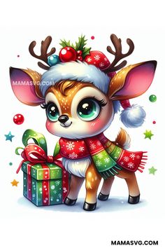 a cute little deer wearing a santa hat and scarf