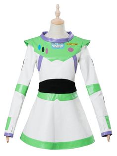 a green and white dress on a mannequin's head with the words buzz lightyear