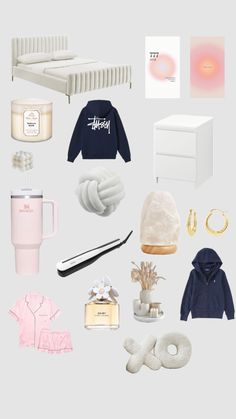 an assortment of items are arranged in the shape of a collage, including sweaters, hoodie, shoes, and mug