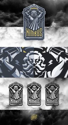 the logo for nimaus is shown in three different colors and sizes, with clouds behind it