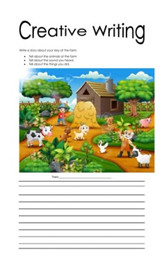 the worksheet for creative writing with farm animals and farmer's house in the background