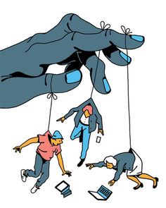 several people are being pulled by two giant hands with phones attached to them, and one person is holding the strings