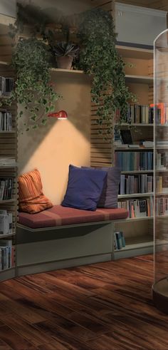 a living room with bookshelves and plants