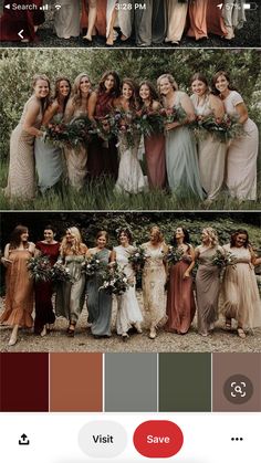 the wedding party is all dressed in different colors