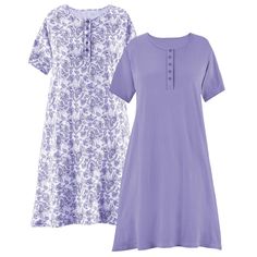 Stylish And Comfortable, This Set Of 2 Nightgowns Includes One Nightgown With A Pretty Paisley Print And One In A Solid Color. Each Comfortable Gown Has Short Sleeves, A Henley-Style Button Front Placket And An Easy-To-Wear Fit. Machine Wash. Cotton; Imported. Approx 40"L. 2-Pc. Set Only Choose: Turquoise, Fuchsia Or Purple. Available In: M(10-12), L(14-16), Xl(18-20) Or Xxl(22-24). One Piece Clothing, Purple Outfits, Collections Etc, Women's Robe, Nightgowns For Women, One Piece Pajamas, Medium Purple, Gingham Check, Nightgowns