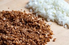 rice and other food on a cutting board