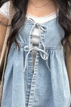 denim tie blouse with lace shirt outfit Japanese Casual Outfits, Lace Shirt Outfit, Denim Tie, Tie Blouse, Blouse Outfit, Cute Outfit, Lace Shirt, Girly Outfits, Casual Style Outfits