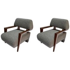 pair of mid century modern lounge chairs in grey wool upholstered with walnut legs