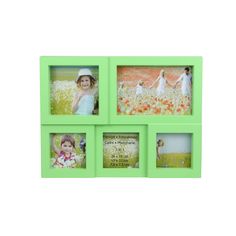 three green frames with four different pictures on the front and one in the middle, each holding