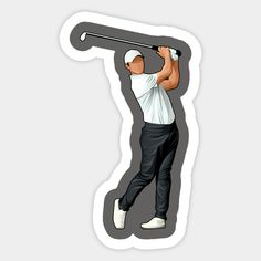 a man swinging a golf club on top of a white sticker