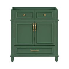 a green cabinet with two drawers and gold handles on the front, against a white background