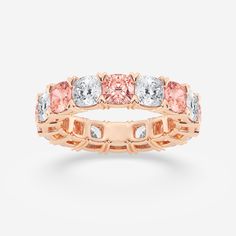 7 ctw Cushion Lab Grown Diamond with Alternating Fancy Pink V Prong Eternity Band - 4.7mm Width 14K Rose Gold SI1+ Indie Jewelry, Diamond Education, 14k Rose Gold Ring, Fancy Color Diamonds, Sustainable Jewelry, Perfect Engagement Ring, Custom Engagement Ring, Eternity Band, Emerald Diamond