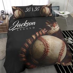 a bed with a baseball on it and the name jackson legend written in white ink