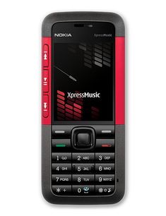 a red and black cell phone with the word xpress music on it's screen