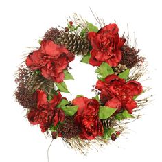 a wreath with red flowers and pine cones