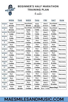 A beginner's half marathon training plan covering 16 weeks of training sessions including walking, running, cross training, stretching, and recovery. 4 Month Half Marathon Training Plan, Marathon Training Plan Beginner, Half Marathon Plan, Marathon Training For Beginners, Marathon Plan