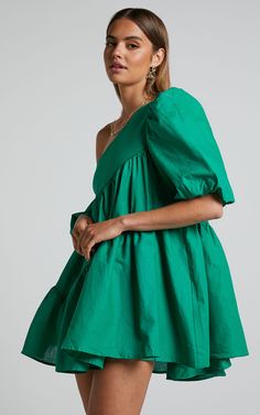 Harleen Mini Dress - Linen Look Asymmetrical Trim Puff Sleeve Dress in Green | Showpo USA Chic Green Puff Sleeve Dress With Ruffles, Green A-line Puff Sleeve Dress For Spring, Green One-shoulder Mini Dress With Ruffles, Green Puff Sleeve Dress For Summer, Green One-shoulder Midi Dress For Spring, Green One-shoulder Asymmetrical Dress For Spring, Green Asymmetrical Spring Dress, Chic Green Asymmetrical Dress For Spring, Green Asymmetrical Mini Dress For Spring