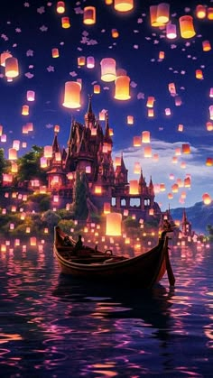 a boat floating on top of a lake filled with paper lanterns