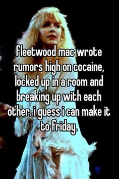 a woman in white dress with text that reads, fleetwood mac wrote humors high on