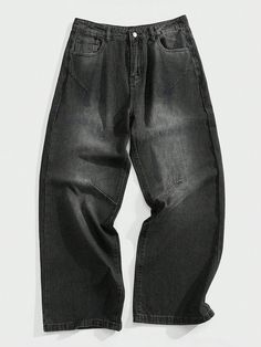 Men's Wide Hem Baggy Jeans In Black Black    Denim Plain Wide Leg Non-Stretch Fall Men Clothing, size features are:Bust: ,Length: ,Sleeve Length: Baggy Guy Jeans, All Black Style Men, Baggy Jeans Men Street Styles, Bagg Jeans, Black Jeans Male, Vintage Street Style Men, Black Baggy Jeans Men, Baggy Men Jeans, Black Jeans Baggy