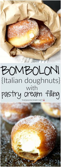 some doughnuts are sitting in a bag on a table with the words, pompoloni italian doughnuts with pastry cream filling