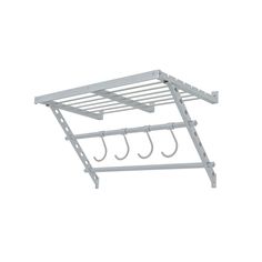 a white metal rack with four hooks on it