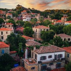 an aerial view of some buildings with red roofs and trees in the background at sunset