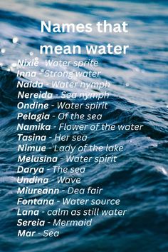 names that mean water in the ocean with waves and blue sky behind it, along with white text