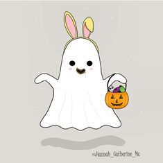 a white ghost holding a pumpkin in its hand and wearing an easter bunny costume on it's head