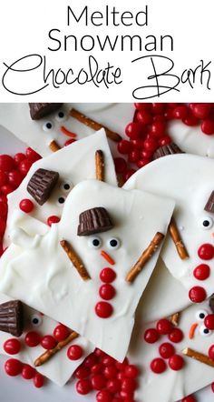 melted snowman chocolate barks are arranged on a plate