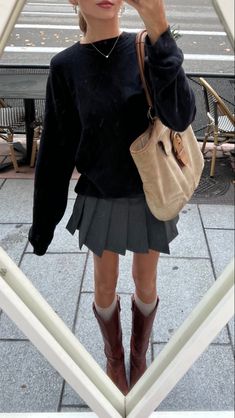 transitional fall outfit, brown knee high boots, fall aesthetic outfit, pleated skirt outfit, fall oufits, fall aesthetic style, outfit inspo, outfits for autumn, tall knee high boots fall outfit High Boots Autumn Outfit, Boots Outfit For Women Aesthetic, Fall Skirt Outfits Aesthetic, Fall Knee High Boots Outfits 2024, Black Riding Boots Skirt Outfit, Tall Brown Boots Outfit Spring, Brown High Boots Outfit Winter, Boots With Pleated Skirt, Skirt And Riding Boots Outfit