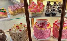 a display case filled with lots of different types of cakes