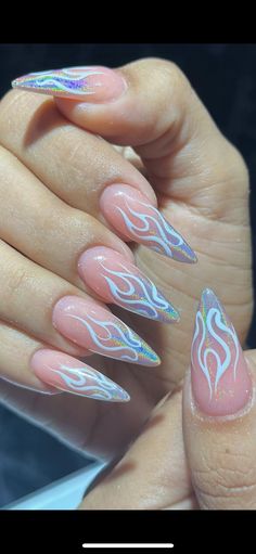 Flame Nail Art, Fake Nails White, Almond Nail Art, Fake Nails Long, Nagellack Trends, Nail Accessories