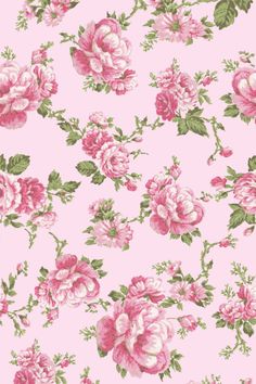 a pink flowered wallpaper with green leaves and flowers on the bottom half of it